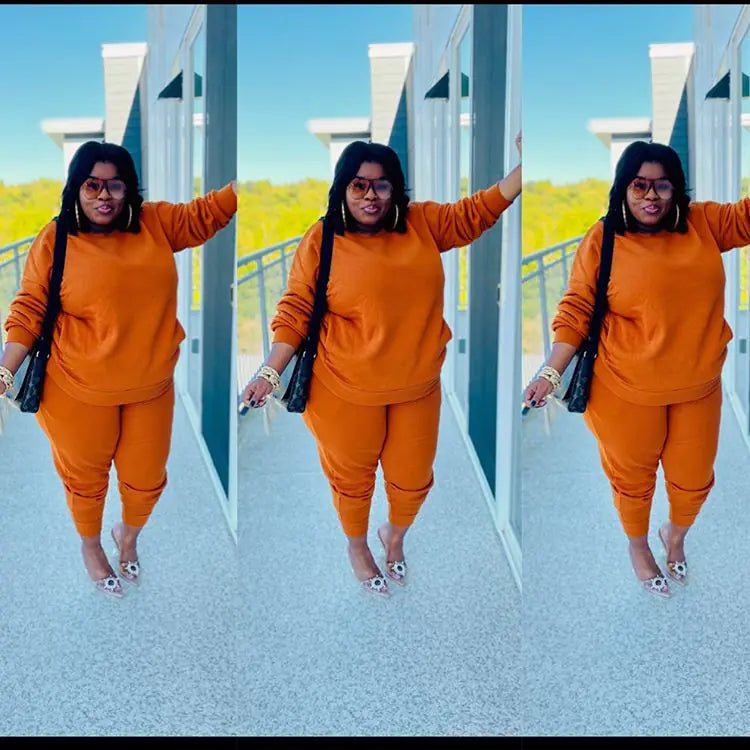 Plus size women's casual two-piece outfit featuring a stylish top and matching pants from Trendy Attic Store01.