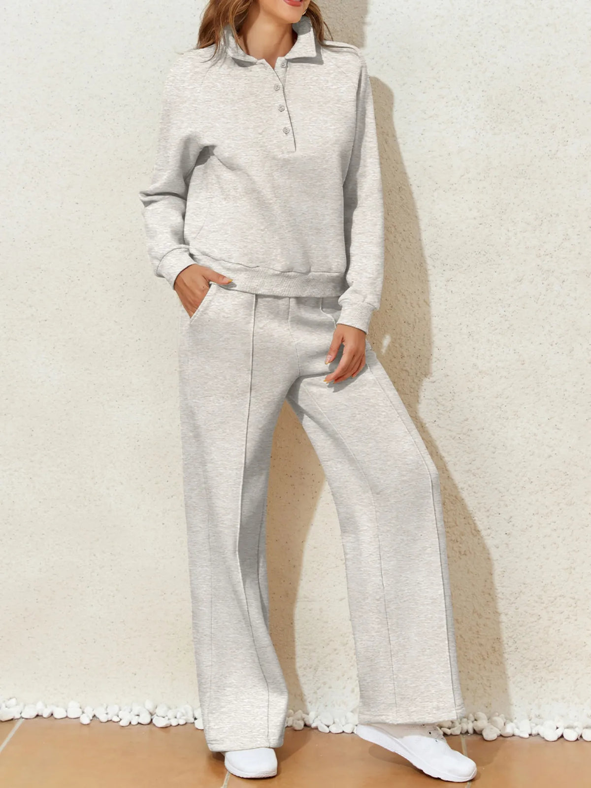 Plush Fashion Hub activewear set with a collared sweatshirt and high waist pants, perfect for casual and workout wear.