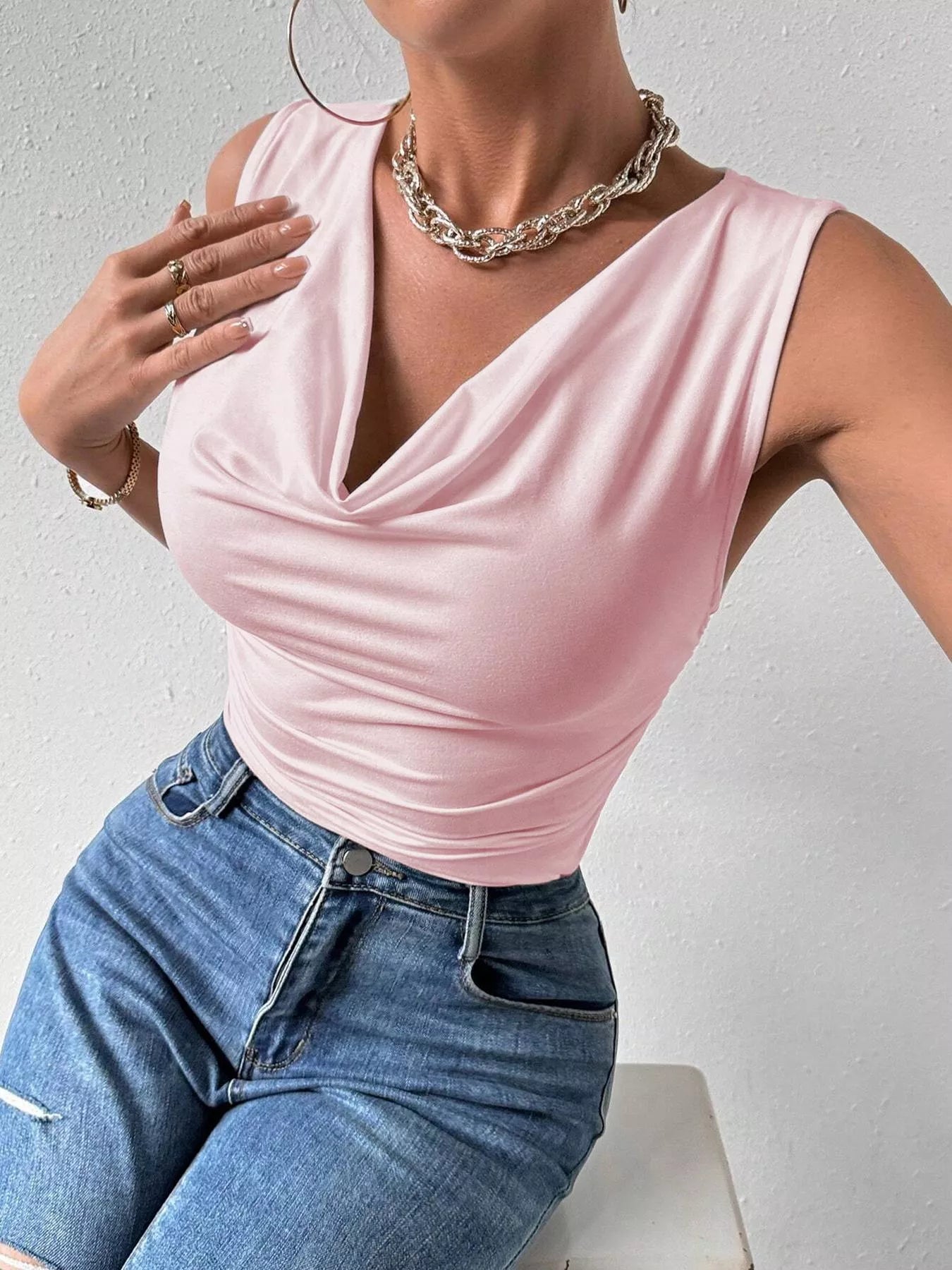 Max Origin cowl neck tank top, trendy sleeveless blouse with draped neckline, perfect for casual or layered fashion looks.