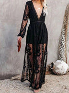 Floral lace high-slit maxi dress by Trendsi, elegant evening gown with intricate lace details and flowing silhouette.