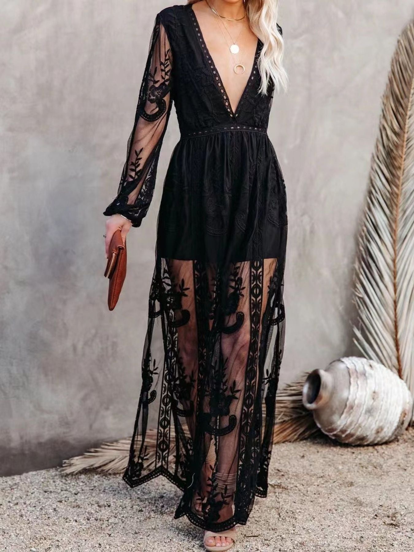 Floral lace high-slit maxi dress by Trendsi, elegant evening gown with intricate lace details and flowing silhouette.