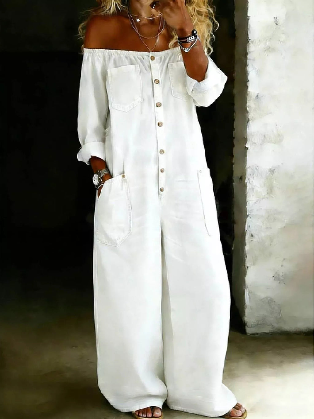 Plus size off-shoulder button-down wide-leg jumpsuit by Shopimist, featuring a flowing silhouette and stylish design.