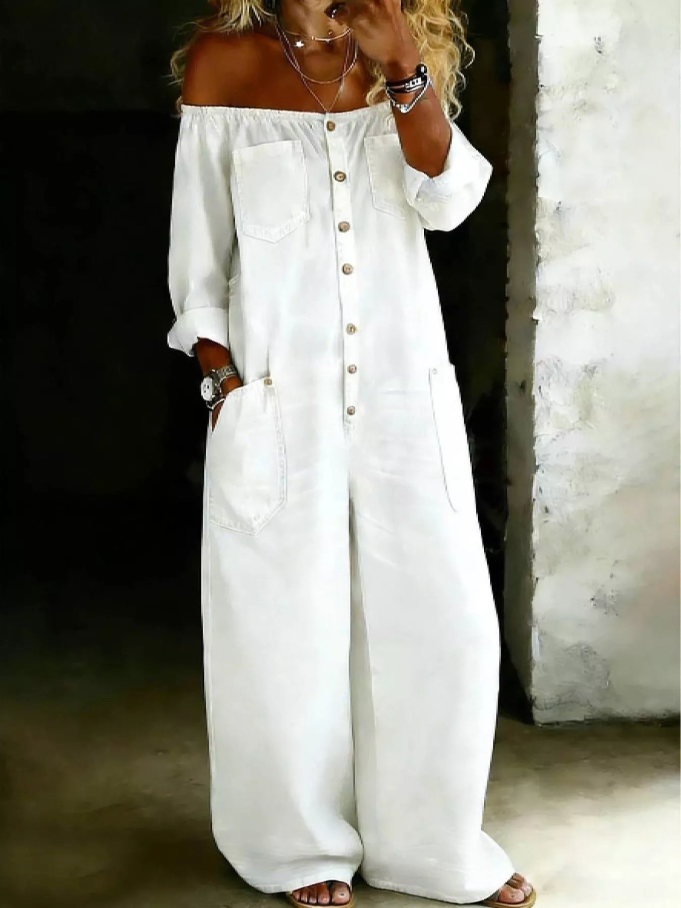 Plus size off-shoulder button-down wide-leg jumpsuit by Shopimist, featuring a flowing silhouette and stylish design.