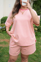 Plus size Lilliana Stripe Boxy loungewear set by Threaded Pear, featuring a striped top and matching pants for comfortable style.