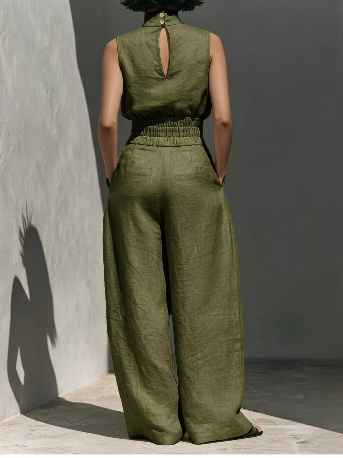 Plush Fashion Hub sleeveless turtleneck top and wide-leg pants set in soft fabric, shown on a model.