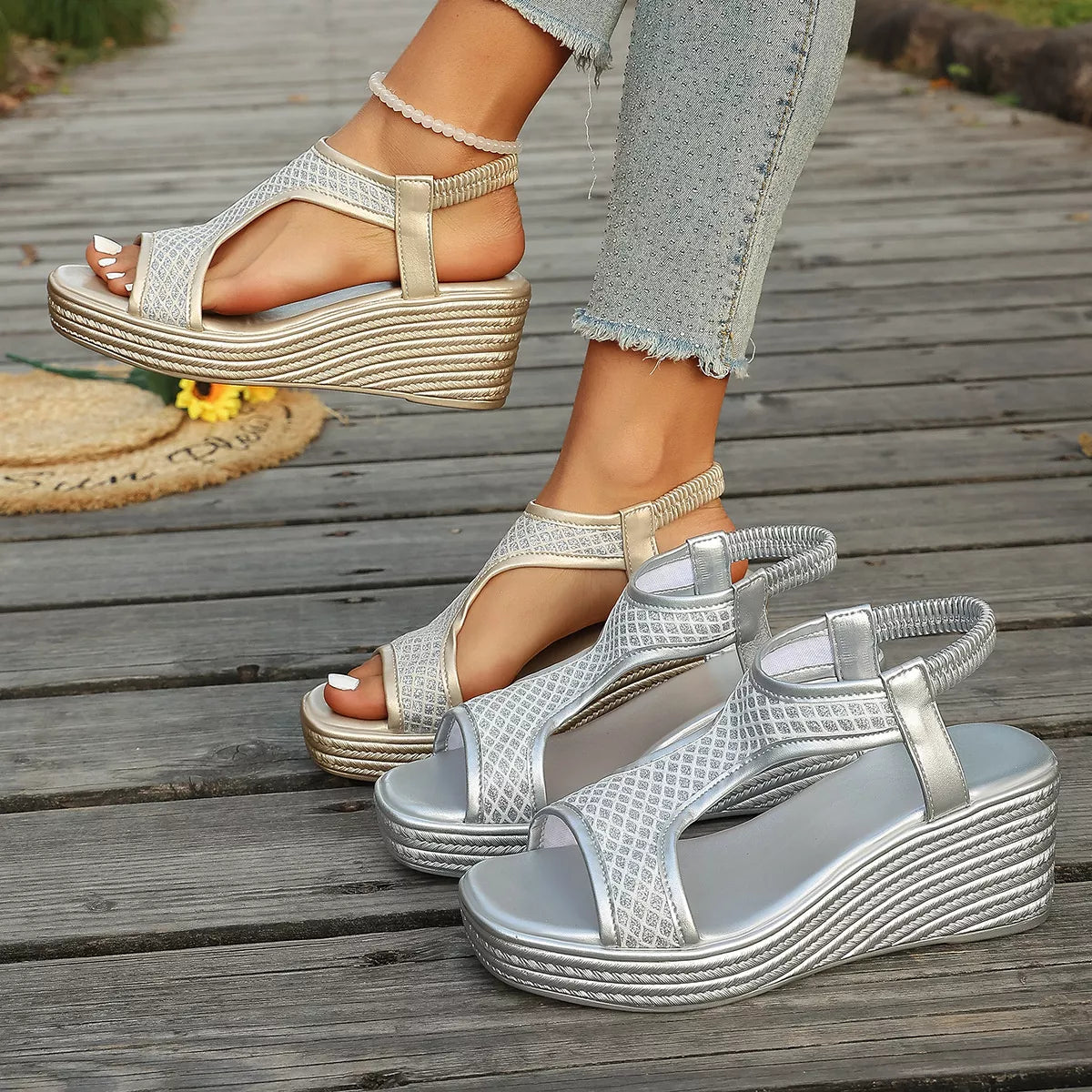 Open toe wedge sandals by Shopimist featuring tan straps and a cork platform for stylish summer footwear.