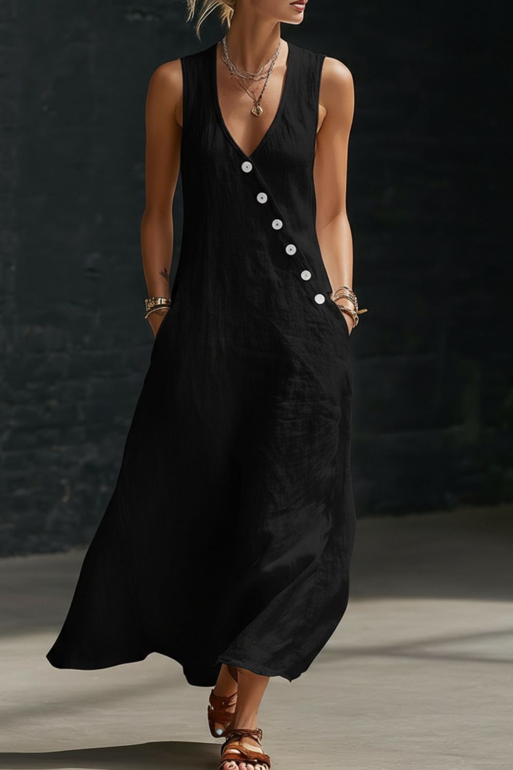 Women's sleeveless button-down midi dress by Trendsi featuring an elegant A-line casual style and lightweight fabric.