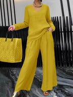 Plush Fashion Hub solid color long sleeve top and pants two-piece travel set, casual and comfortable for everyday wear.