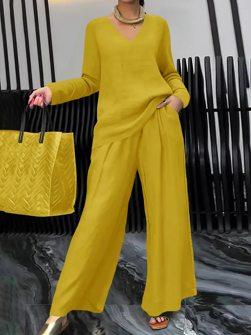 Plush Fashion Hub solid color long sleeve top and pants two-piece travel set, casual and comfortable for everyday wear.
