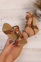 Sara Leather Wedge Platform Slippers by Threaded Pear, showing beige leather slippers with wedge heel and casual slip-on design.