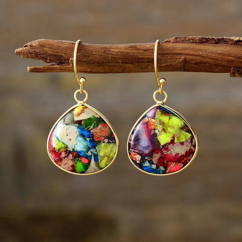 18K gold-plated earrings with natural stone accents, showcasing elegant jewelry design and vibrant gemstone details.