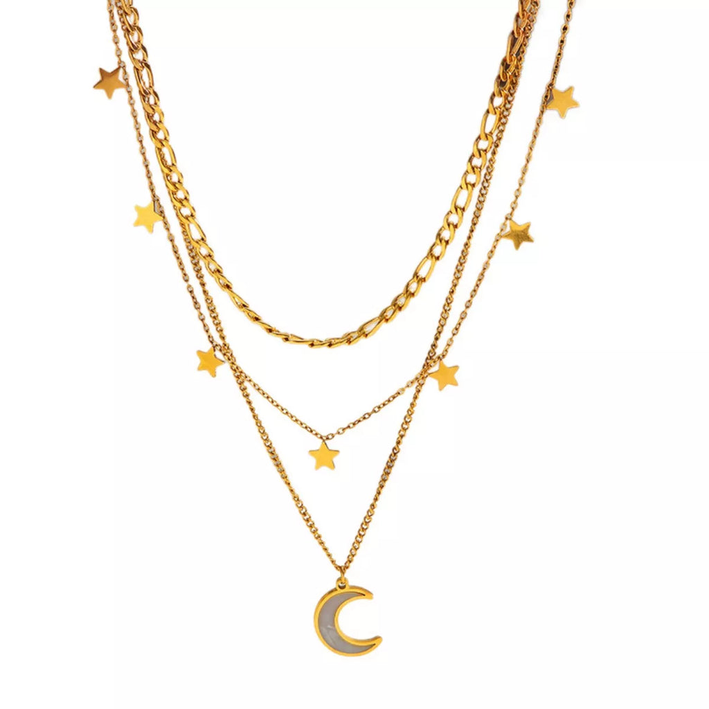 18K gold-plated moon three-layered necklace with delicate chains and celestial pendant, featuring a stylish and elegant design.