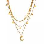 18K gold-plated moon three-layered necklace with delicate chains and celestial pendant, featuring a stylish and elegant design.