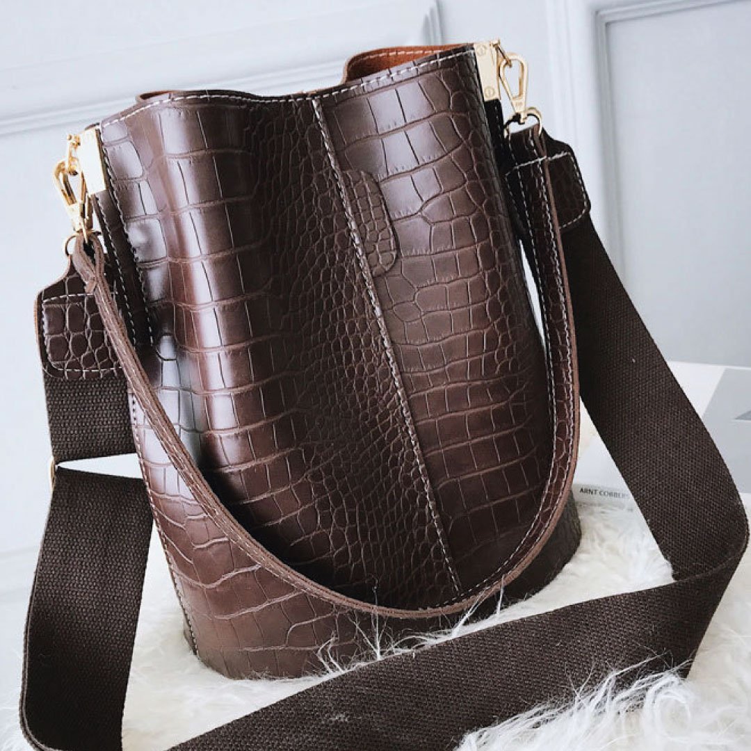 Plush Fashion Hub Blake shoulder bag in rich chocolate crocodile-embossed leather, stylish and versatile accessory.