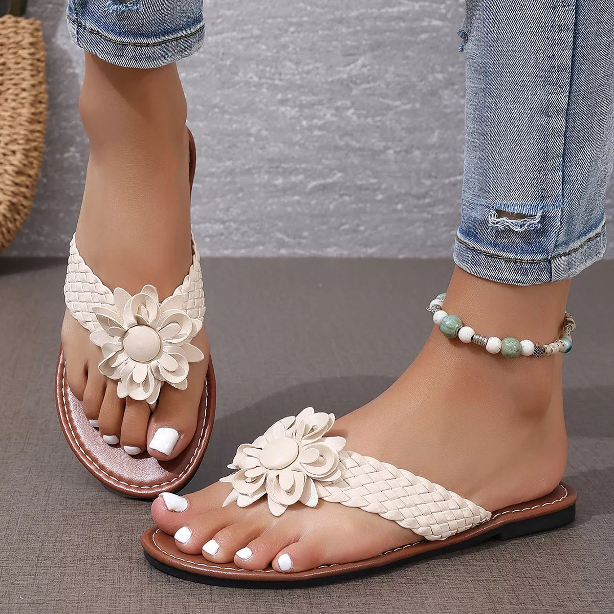 Shopimist flower toe post sandals featuring colorful floral design and comfortable flat sole for casual summer wear.