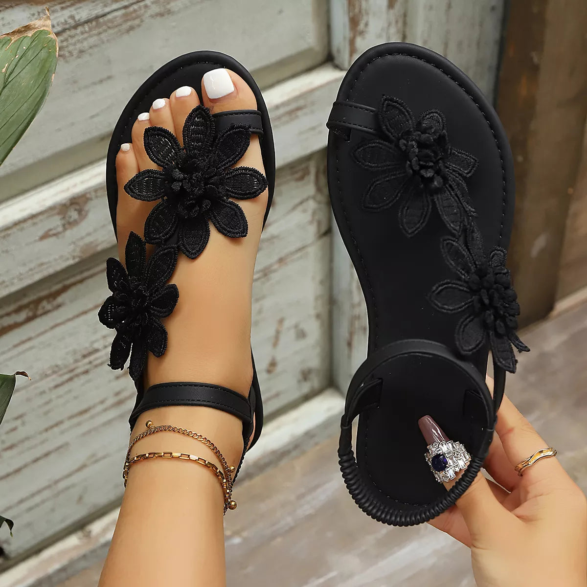 Floral embellished flat sandals by Shopimist featuring colorful flower details and comfortable open-toe design.