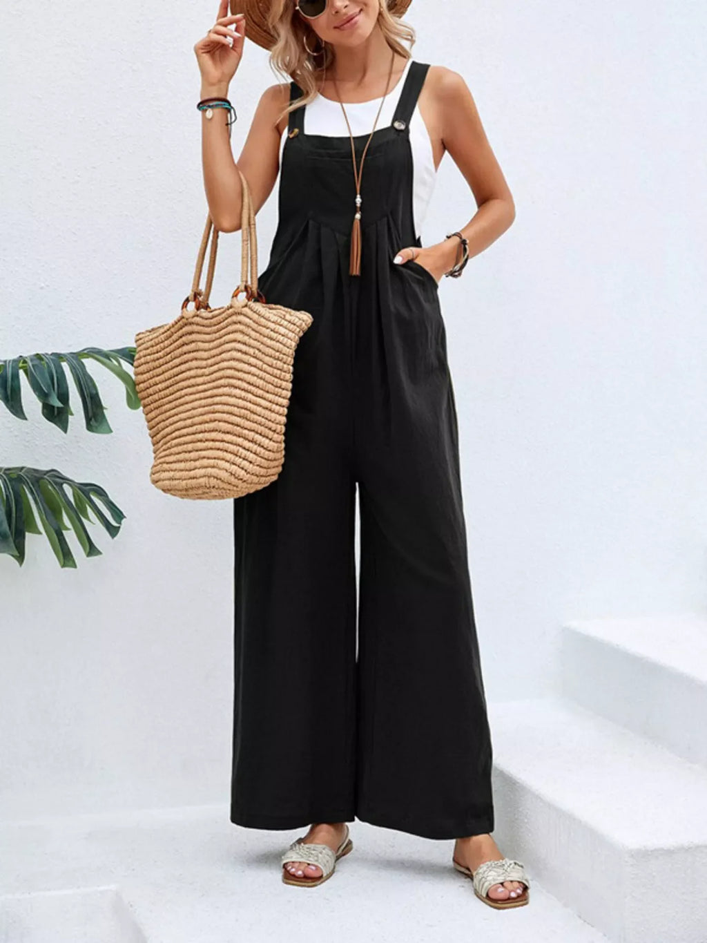 Plus size Shopimist casual wide-leg overalls with pockets, full-length, relaxed fit, and comfortable denim fabric.