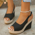 Women's open toe high wedge sandals by Trendsi featuring chic summer heel design and comfortable style.