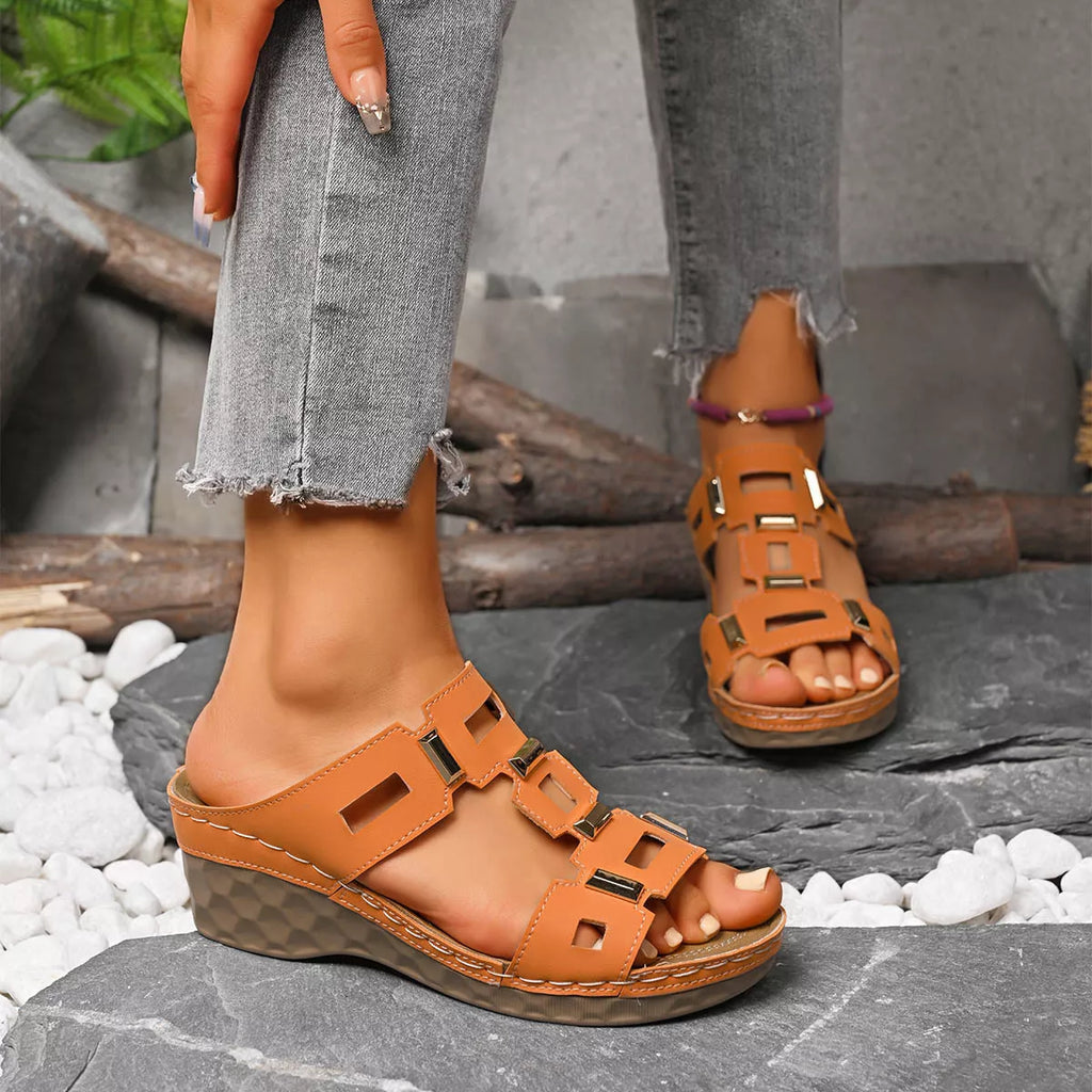 Shopimist open toe wedge sandals with tan straps and cork heels, perfect for casual summer wear.