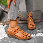 Shopimist open toe wedge sandals with tan straps and cork heels, perfect for casual summer wear.