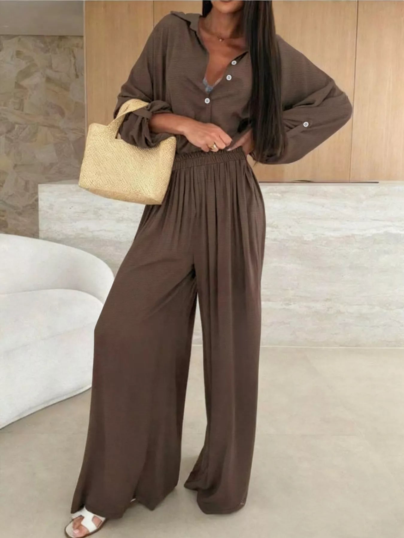 Simply Love long sleeve shirt and wide leg pants set, stylish clothing ensemble featuring a fitted top and flowy trousers.
