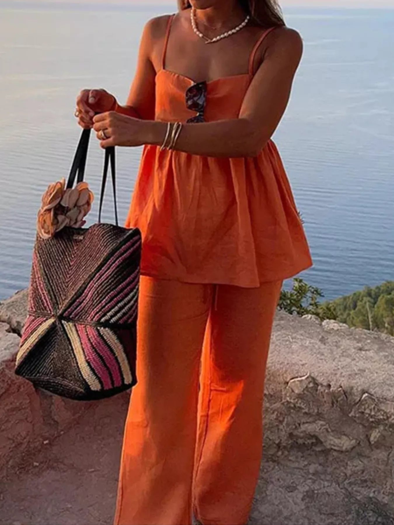 Square neck cami and wide-leg pants set by Plush Fashion Hub, featuring a stylish two-piece outfit in neutral tones.