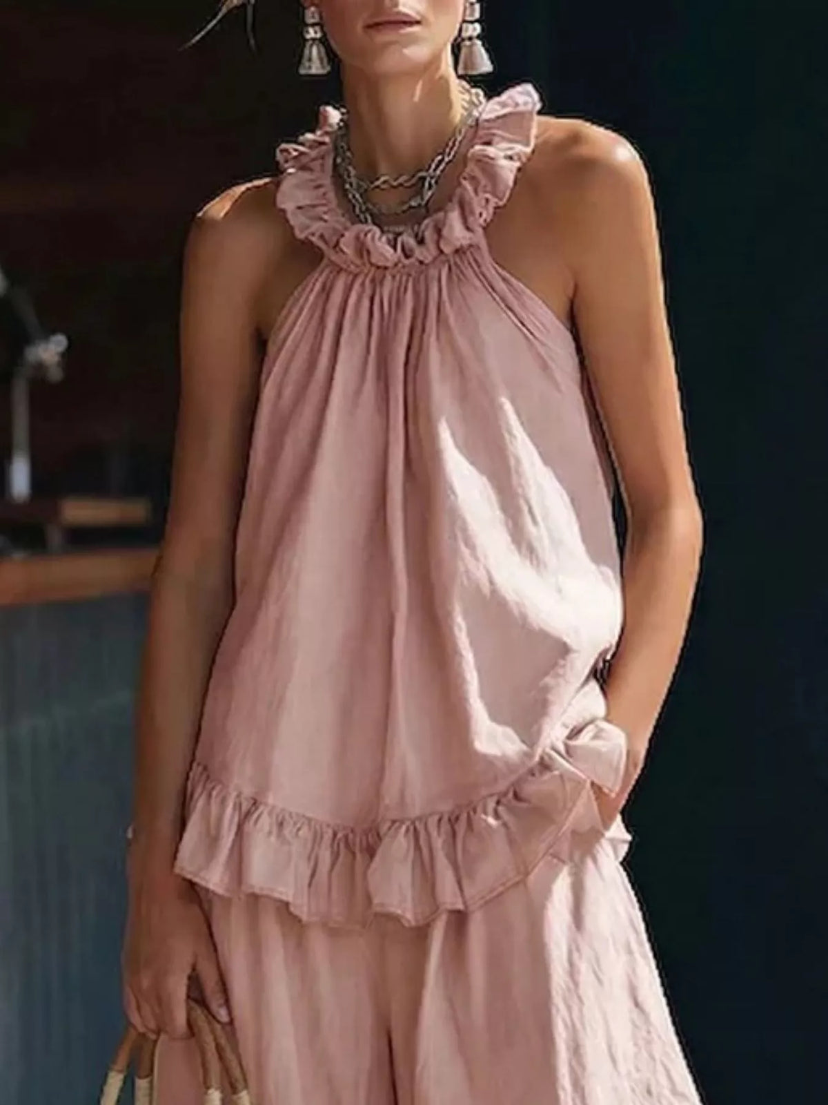 Plus size ruffled halter neck top and wide-leg pants matching set by Plush Fashion Hub, featuring a stylish, coordinated look.