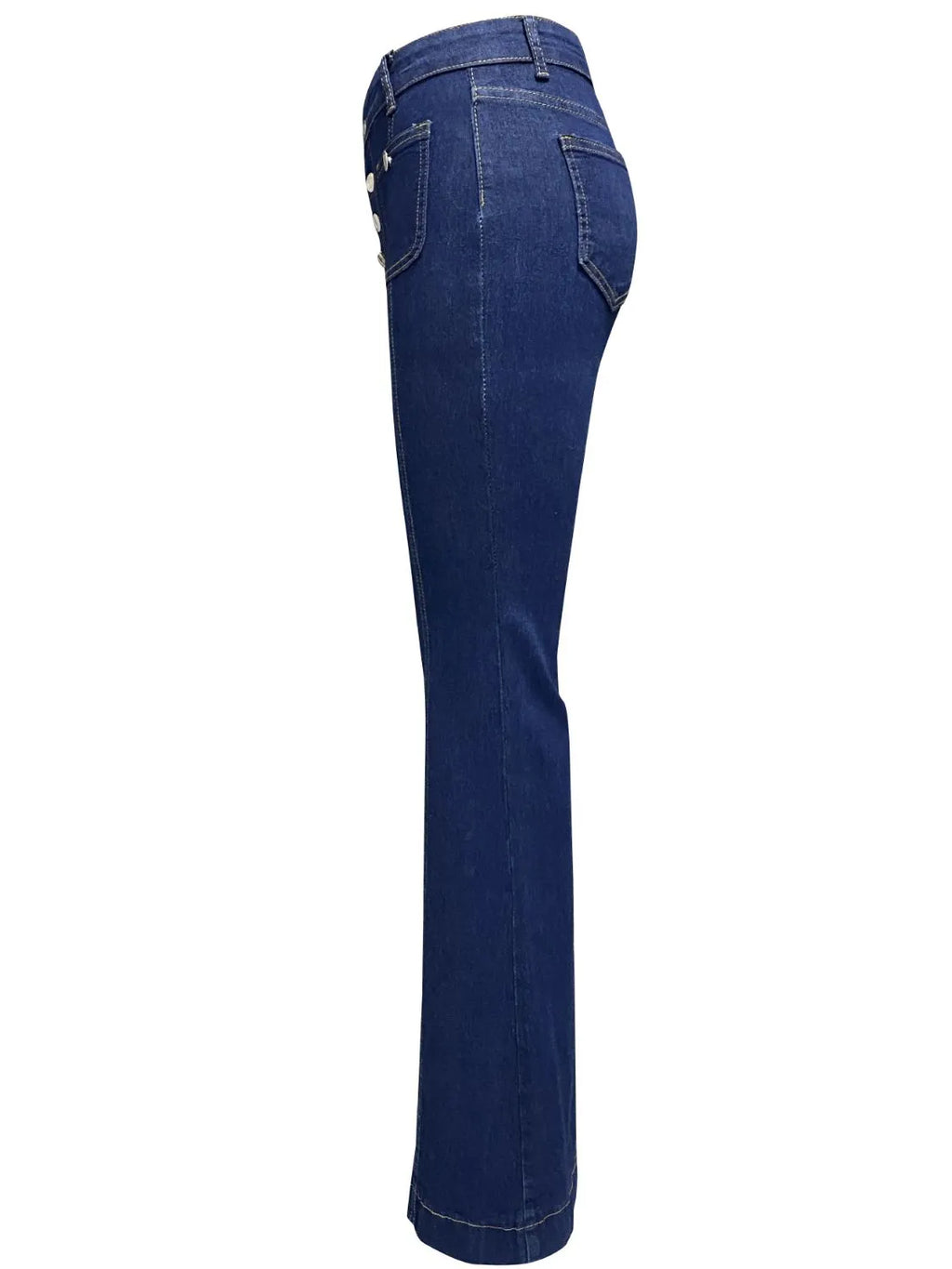 Plush Fashion Shop denim flare jeans with front and back pockets, featuring a high-waist fit and stylish wide-leg design.