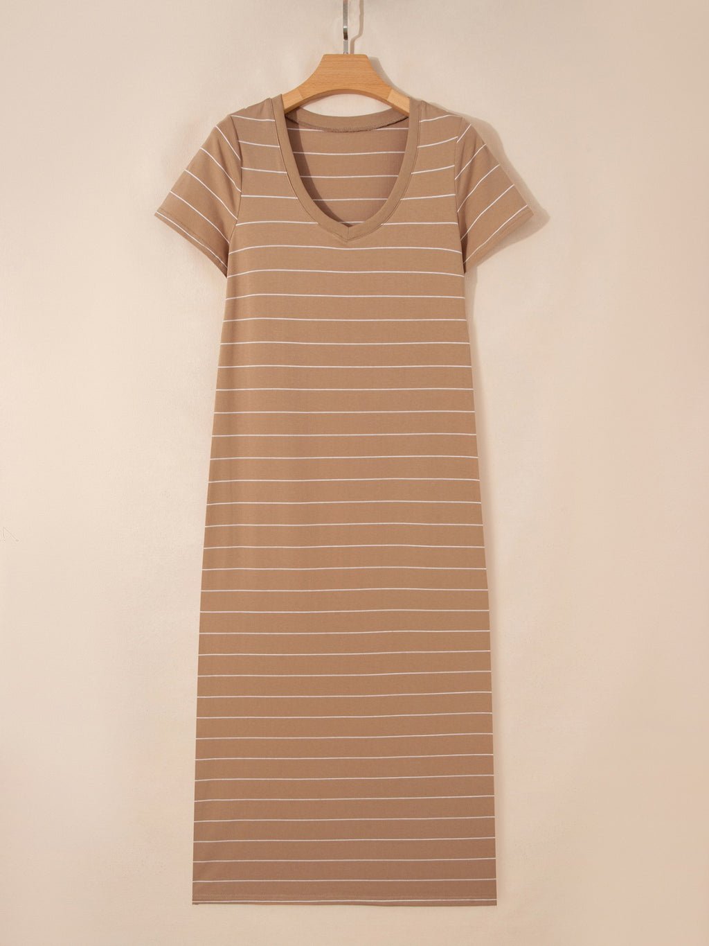 Women's striped short sleeve maxi T-shirt dress with side slit from Plush Fashion Hub, casual summer dress with comfortable fit.