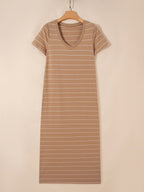 Women's striped short sleeve maxi T-shirt dress with side slit from Plush Fashion Hub, casual summer dress with comfortable fit.