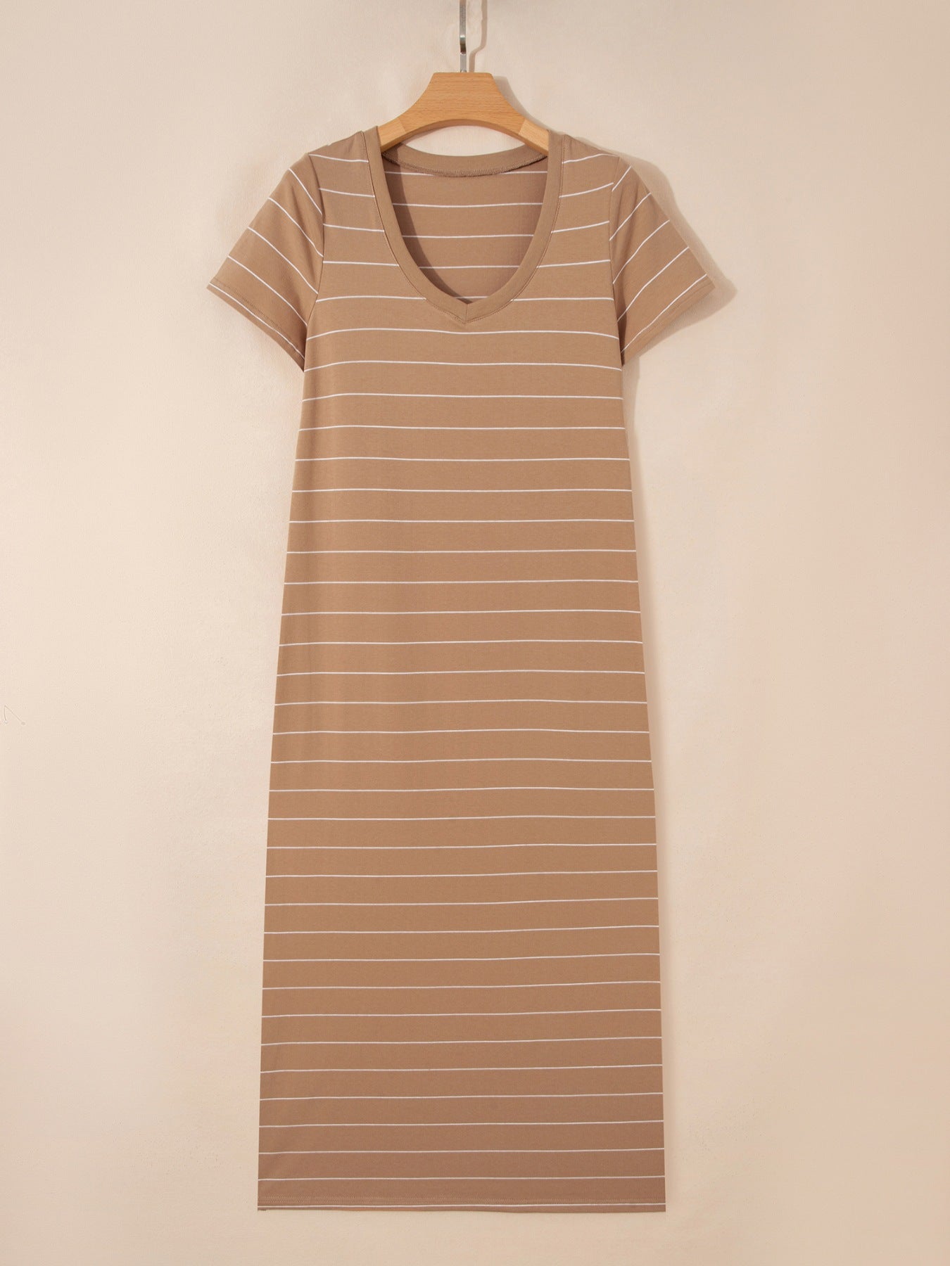 Women's striped short sleeve maxi T-shirt dress with side slit from Plush Fashion Hub, casual summer dress with comfortable fit.