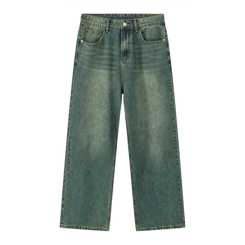 Light blue plush fashion shop pocketed baggy denim jeans with relaxed fit and large front and back pockets.