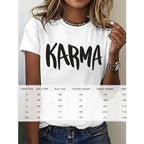 Plush Fashion Hub casual short sleeve round neck T-shirt with 'KARMA' print, soft fabric and stylish design.
