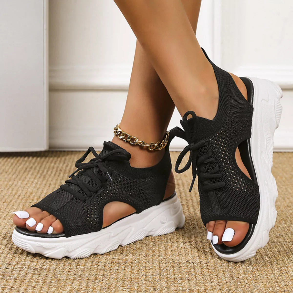 Breathable mesh lace-up platform sandals by Plush Fashion Hub with open toe design and chunky sole.