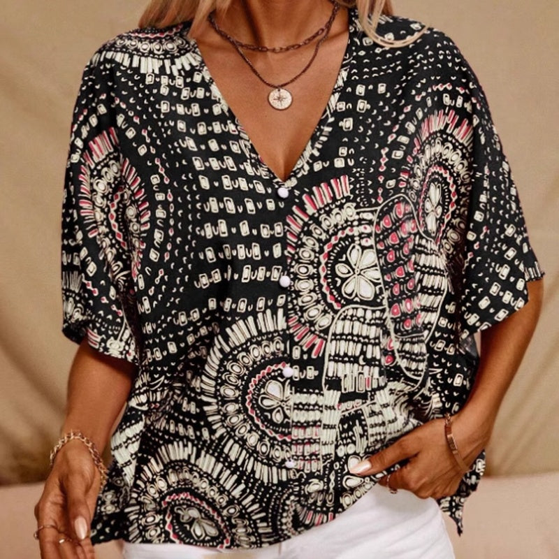 Mandala print V-neck blouse by FitiqueFit, casual vacation top with colorful mandala design and relaxed fit.