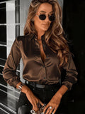 Women's drapey satin lapel shirt with long sleeves, casualwear by FitiqueFit, shown in a relaxed fit and stylish design.