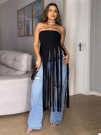 Rings Fringe Trim Tube Top by Trendsi featuring a trendy fringe detail and sleek design, perfect for stylish summer outfits.