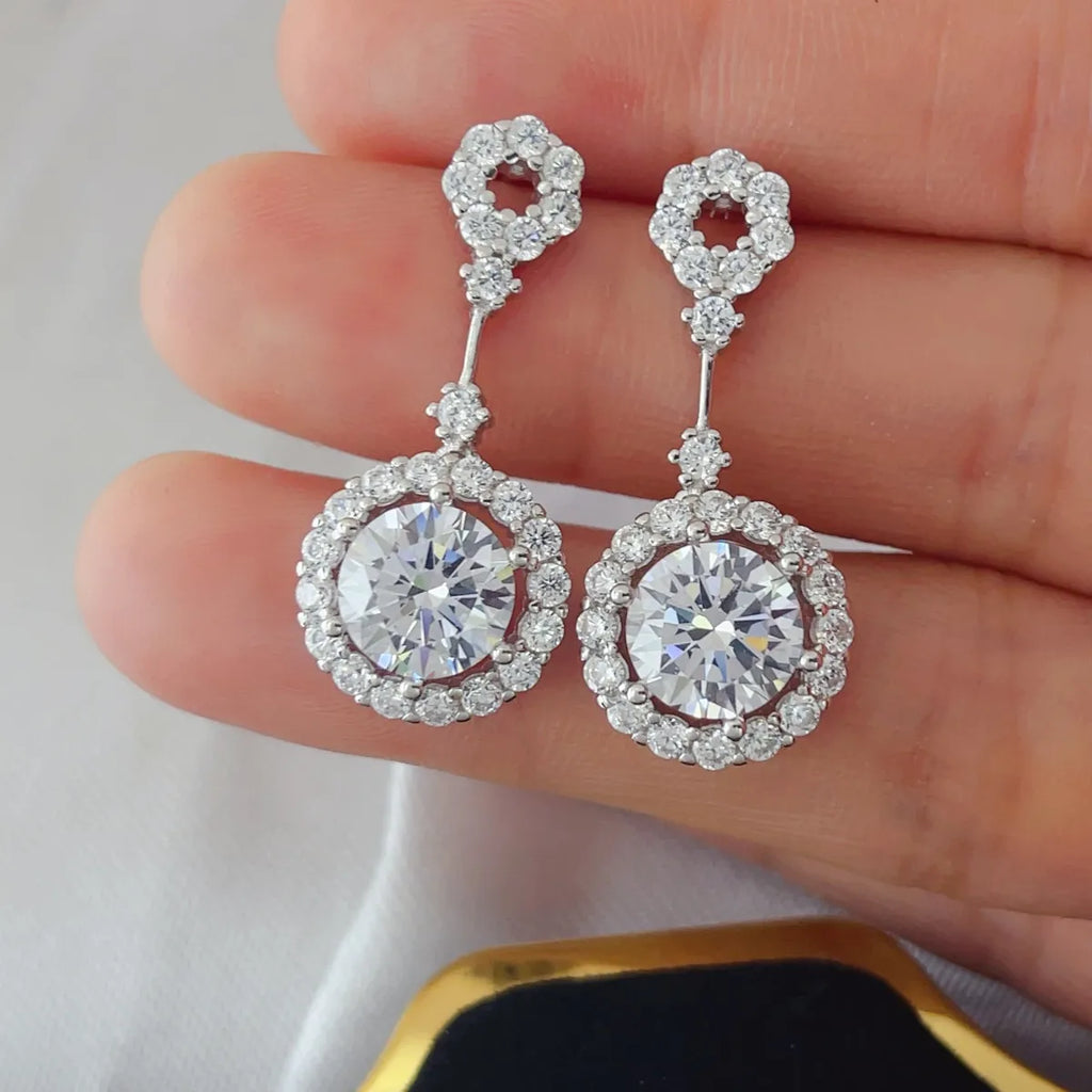 Shopimist 4 carat crystal drop dangle earrings with round halo design, featuring sparkling crystal stones and elegant silver settings.