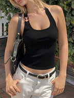 Ribbed halter neck tank top by Shopimist, featuring a fitted design and sleeveless style, displayed on a mannequin.