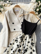 Elegant floral mesh two-piece dress and blazer set by Trendsi, featuring a stylish dress with matching blazer and floral details.