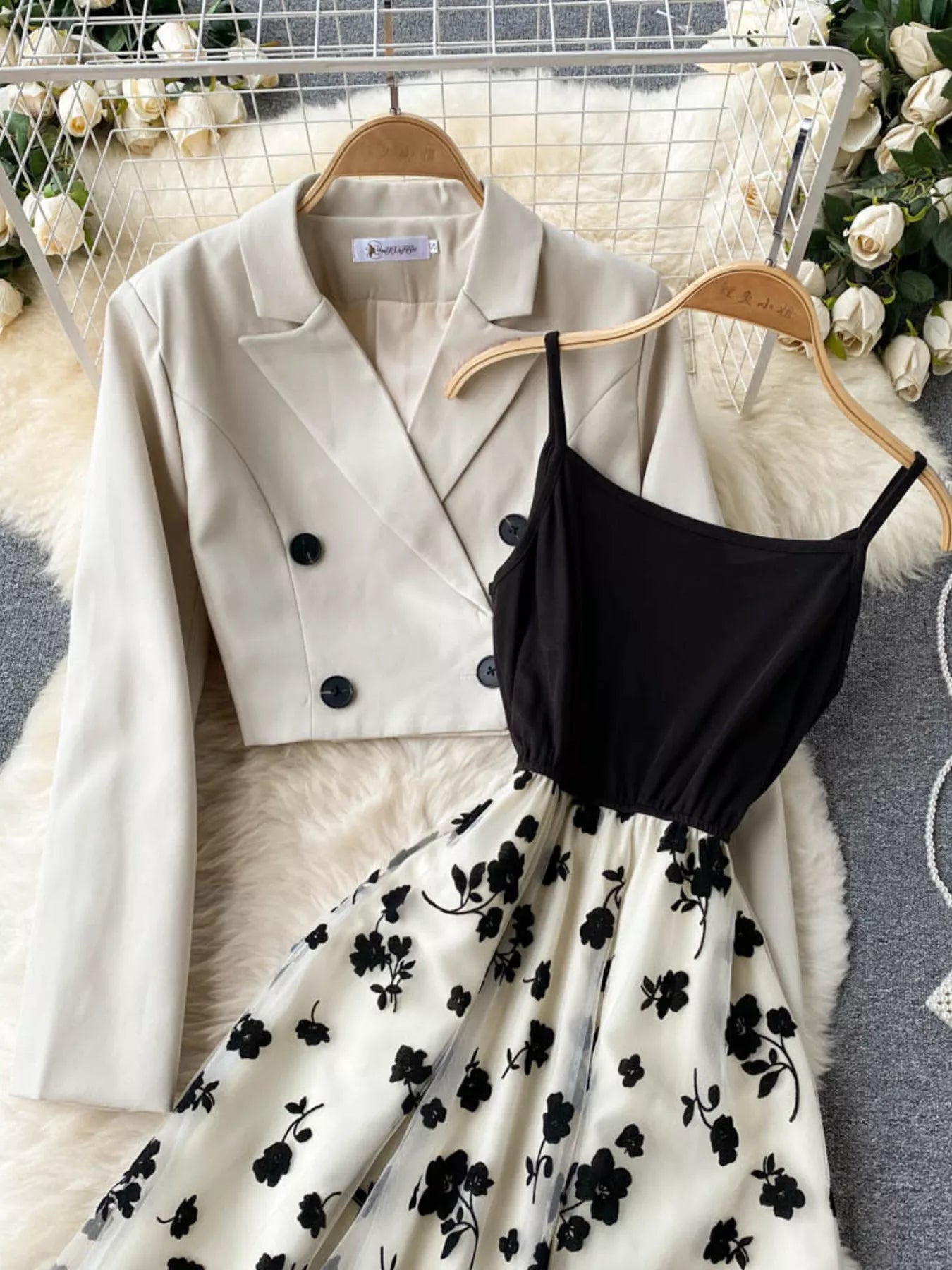 Elegant floral mesh two-piece dress and blazer set by Trendsi, featuring a stylish dress with matching blazer and floral details.