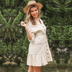 Women's V-neck A-line casual dress by FitiqueFit featuring three-quarter sleeves and contrast button panel design.
