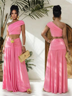 Plush Fashion Hub one-shoulder top paired with a ruched maxi skirt, stylish women's fashion set, soft fabric and elegant design