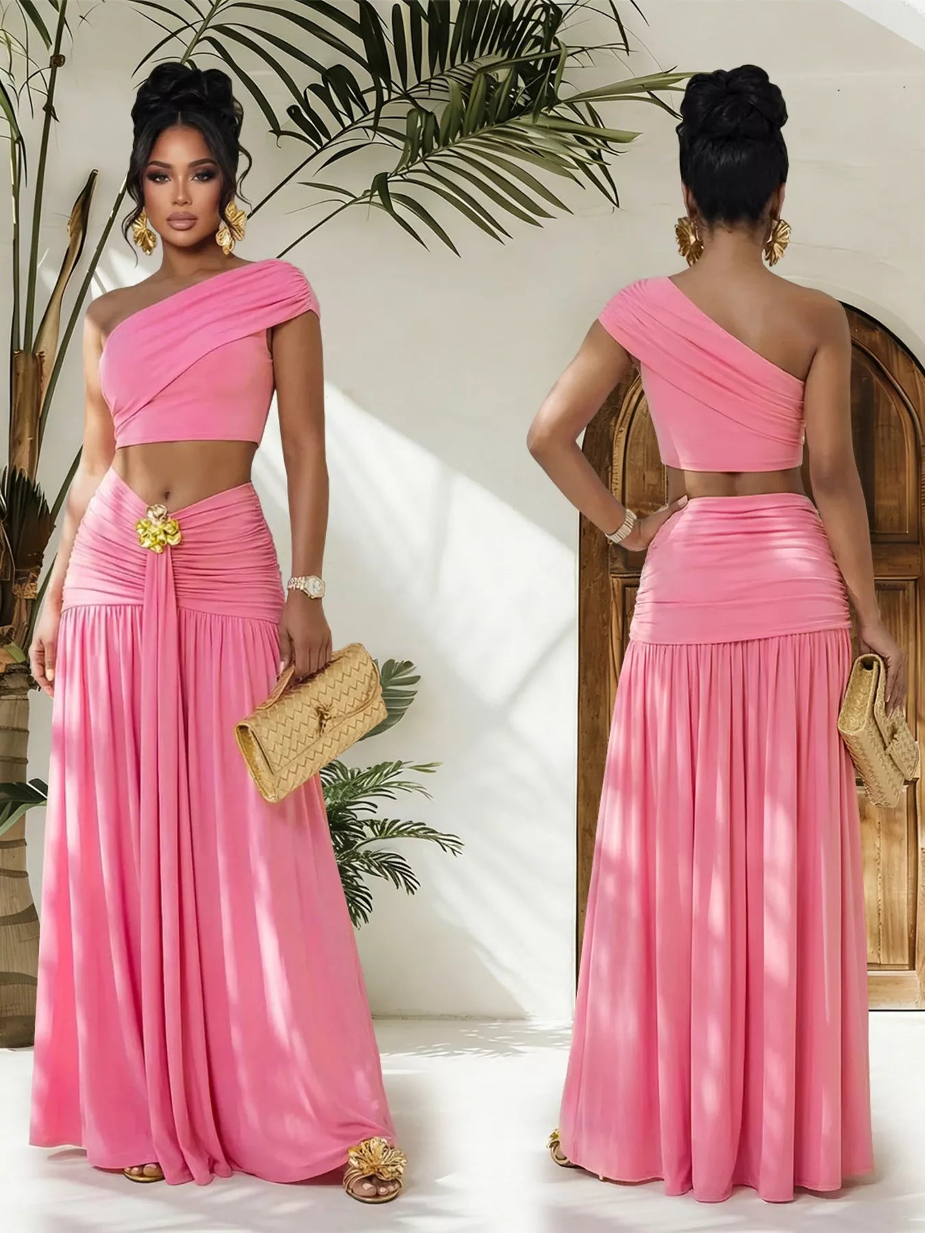 Plush Fashion Hub one-shoulder top paired with a ruched maxi skirt, stylish women's fashion set, soft fabric and elegant design