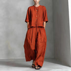 FitiqueFit three-quarter sleeve shirt and loose trousers two-piece set, casual stylish outfit for women, in soft fabric.