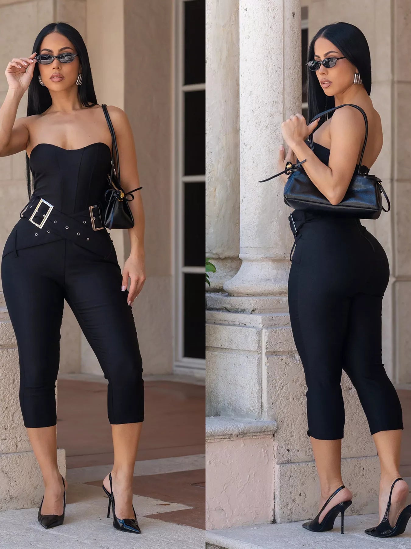 Black belted tube skinny jumpsuit by Trendsi, featuring a fitted design, sleeveless style, and a sleek, modern look.