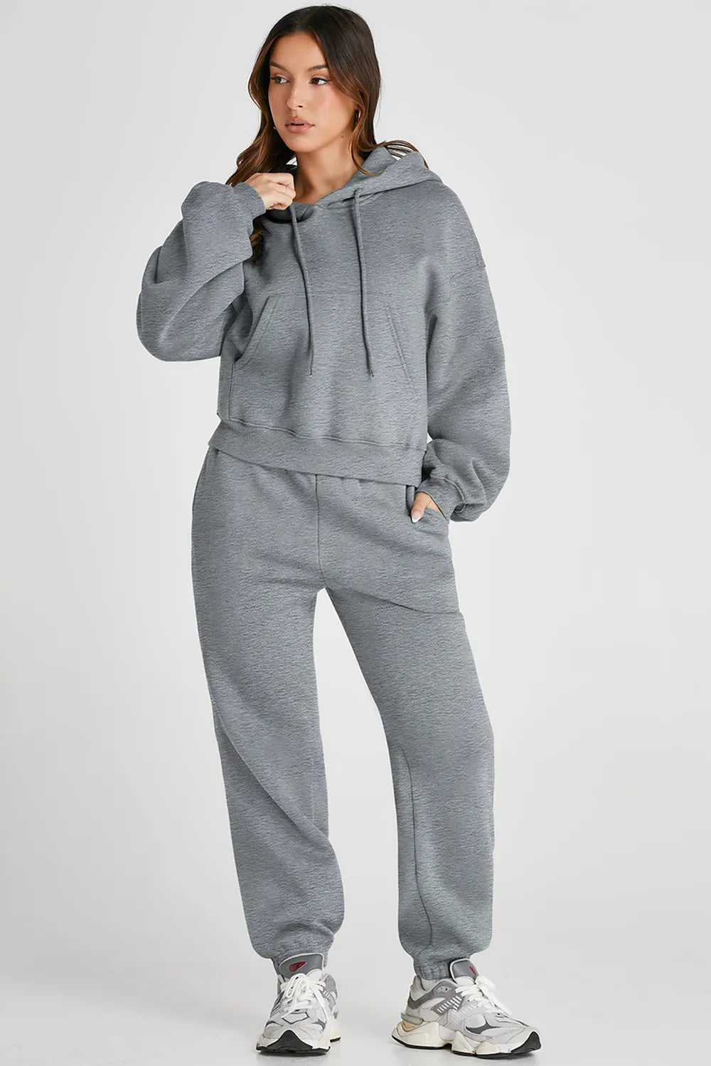 Plush Fashion Hub dropped shoulder hooded top and matching activewear pants set, casual athletic outfit for comfort and style.