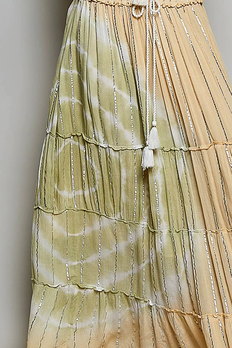 Shopimist shimmer tiered maxi skirt with reverse ruffle details, smocked waist, and flowing length, perfect for stylish summer wear.