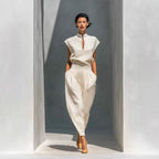 Women's satin Chinese-style short-sleeve top and matching pants set by FitiqueFit, featuring elegant design and casual comfort.