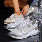 Metallic lace-up side zipper sneakers by Plush Fashion Hub in three colors, featuring thick soles and stylish design.
